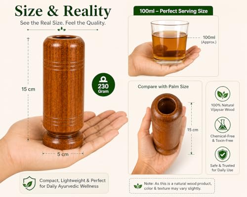 Image of XOMARK Vijaysar Wooden Glass Tumbler 100ml | Natural Ayurvedic Drinking Cup for Diabetes Wellness | Handcrafted Water Glass | Eco-Friendly Traditional Wood Cup for Daily Use
