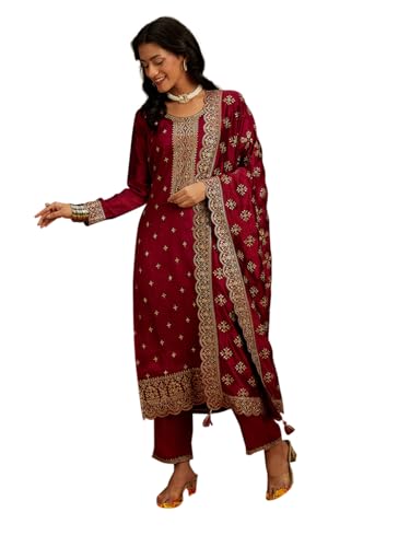 Image of Libas Embroidered Silk Blend Straight Kurta With Trouser and Dupatta
