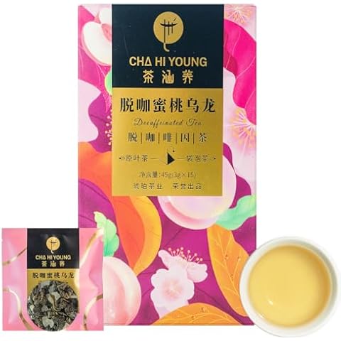 CHA HI YOUNG Decaf Peach Oolong Tea Bags, 15 Counts 30 Cup+, Decaffeinated Oolong Loose Leaf, Diced Peach, Natural Peach Flavoring Perfect Blend, CO2-Decaffeinated, Drink All Day Cover
