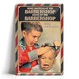 Vintage Blechschild "What happens at the Barbershop" 20x30cm - Nostalgische Friseur Deko Barbershop Salon - Retro Wandschild Geschenk Herrenfriseur