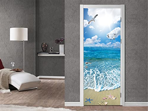 FLFK Ensoleillement Océan Plage Autocollant Porte Affiche 3D pour Chambre Auto-adhésif Amovible Murale Décoration 77X200cm Cover