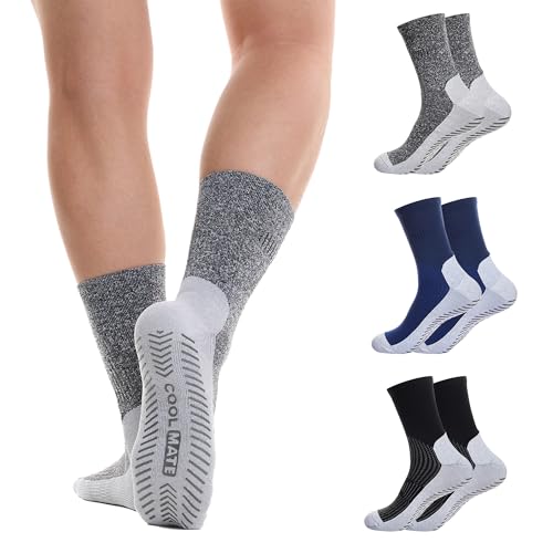Image of CoolMate Mens Grip Socks, Non-Slip Mens Crew Socks for Hospital Elderly | Grip pads keep their hold wash after wash. Soft cotton-poly blend for pilates, yoga, barre, or post-surgery recovery at home.