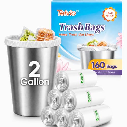 Image of Teivio 2 Gallon 160 Counts fit 5-7 liter 1.3，1.5,1.8 gallon Small Trash Bags Garbage Bags, Bathroom Trash Can Bin Liners, Small Plastic Bags for home office kitchen, Clear