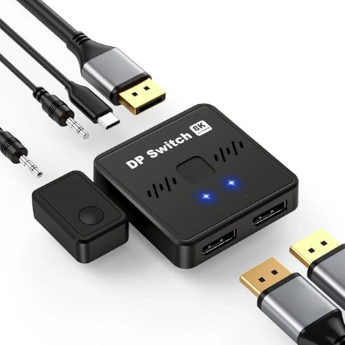 Für DisplayPort 1.4 Switch 8K@60Hz 4K@144Hz DP Umschalter 2 In 1 Out Bidirektionaler Splitter mit HDR & 3D kompatibel mit für PC Laptop Monitor TV Projektor Spielekonsole Plug & Play Design