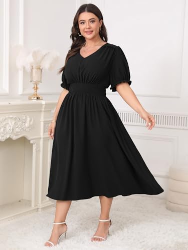 Women's Plus Size Midi Dress Short Sleeve V Neck Smocked Flowy A-Line Boho Wedding Party Dresses2