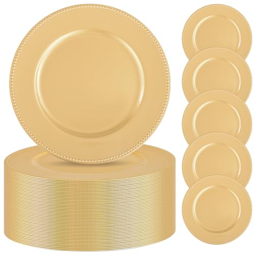 50 Pcs Gold Charger Plates Bulk,13 inch Round Beaded Plate Chargers for Dinner Plates, Decorative Dinner Chargers Plastic Table Chargers for Wedding Holiday Party Baby Shower Event Decoration