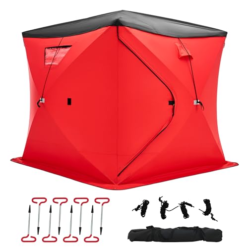 Albott Insulated Pop-Up Ice Fishing Tent, 3-4 Person Ice Shanty with Oxford Fabric, Waterproof Rain Cover, Chimney Vent, Anchors, Ropes, Carry Bag, Large Fishing Area