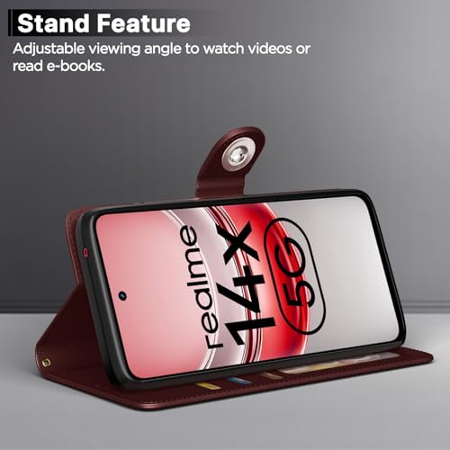 Image of Pikkme Flip Cover Leather Finish | Inside TPU with Card Pockets | Wallet Stand and Shock Proof | Complete Protection Button Flip Case for Realme Narzo 80x 5G / Realme P3x 5G / Realme 14X 5G (Brown)