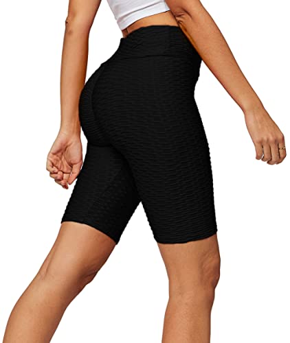 Black Plus Size TIK Tok Leggings for Women Ruched Butt Anti Cellulite Textured Bubble Bike Shorts - T021-Black-LX