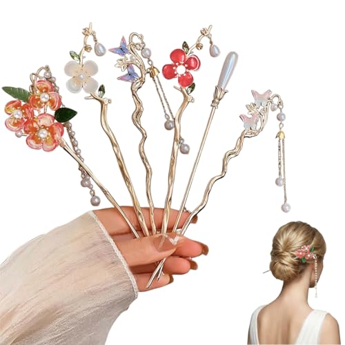Image of MAYCREATE 6Pcs Butterfly Flower Hair Sticks for Buns Chinese Hanfu Asian Vintage Floral Hairpins Hair Chopsticks with Pearl Tassel for Women Girls