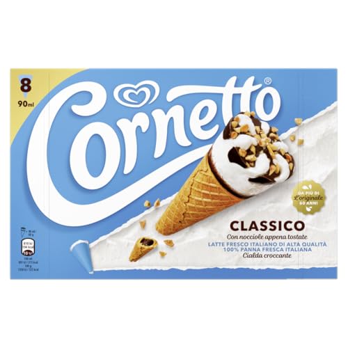Cornetto Algida Classico, Gelato alla Panna Ricoperto con Cacao, Granella di Nocciole e Meringhe e Punta al Ciccolato, con Latte Fresco Italiano di Alta Qualità e 100% Panna Fresca Italiana, 8x90 ml