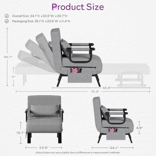 Image of TYBOATLE Folding Chair Bed, Comfy Convertible Sleeper Sofa, 5 in 1 Folding Bed with 5-Position Adjustable Backrest & Pillow, Floor Single Chairs, Cozy Futon Chair for Small Spaces, Office (Light Grey)