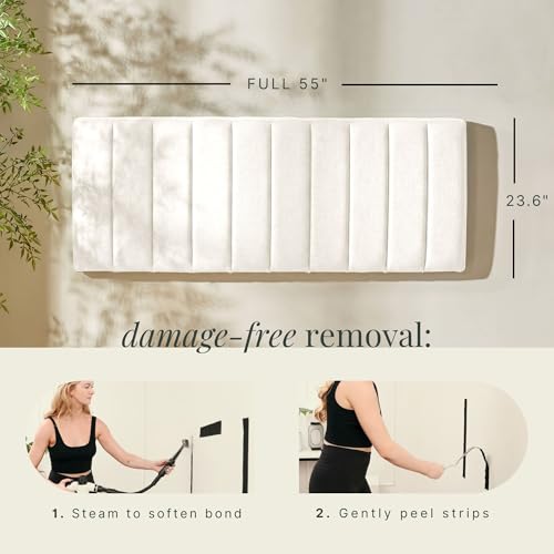 Image of Hearth & Harbor Wall Mounted Full Headboard Only, Bed Headboard Full Size | Easy Assemble, Floating Peel & Stick, Upholstered Channel Stitched, 3D Wall Panels, 5 Strips of 3M Tape Included, Off White