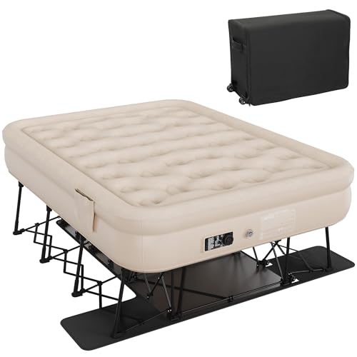 DWVO Inflatable Queen Air Bed with Folding Frame & Rolling Bag, Built-in Pump Blow Up Mattress for Camping, Guest Room & Travel, Portable Air Mattress with Case, 79 x 59 x 28 Inches, Brown