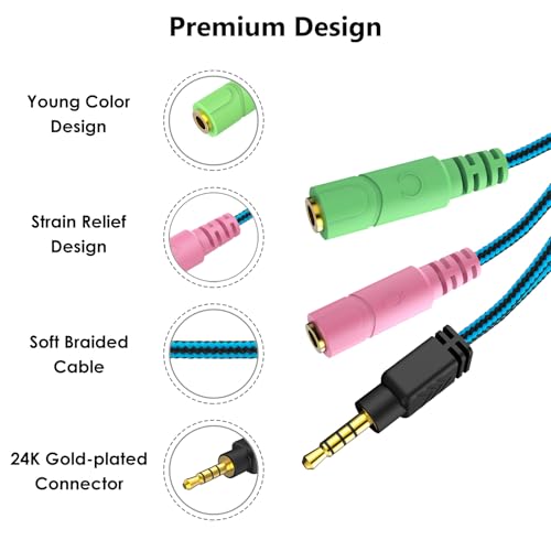 MillSO Headphone Mic Splitter, 3.5mm Headset Adapter (Microphone + Audio) 2 TRS Female to TRRS Male CTIA Stereo Jack Y Cable Compatible for Dual-Plug Gaming Headset to Xbox, PS4, Phone, Laptop, PC