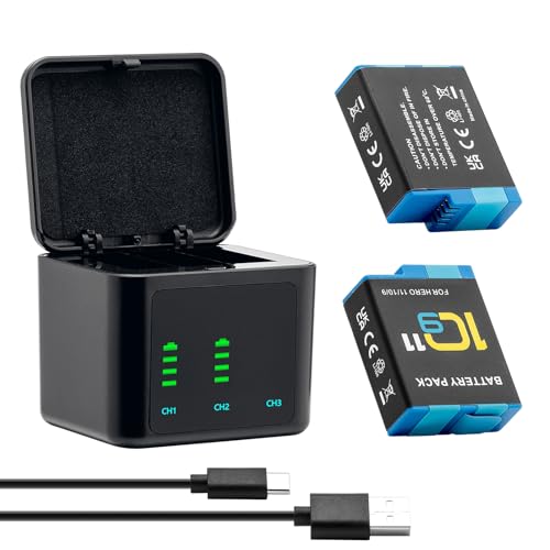 Hero 12 11 10 9 Battery (2000 mAh 2-Pack) Rechargeable Hero 11 Battery and 3 Channel USB LCD Battery Chargers Fully Compatible with Gopro Hero 12 Hero 11, Hero10, Hero 9 (2 x Batteries + 1x)