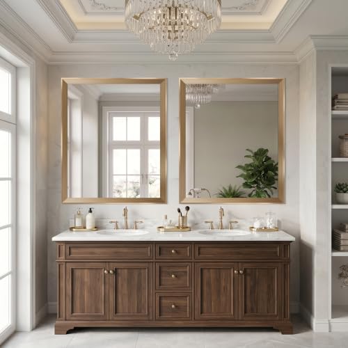 Image of DESBING 30 inchx36 inch Gold Bathroom Mirrors for Over Sink, Tempered Glass, Metal Frame, Rectangle Vanity Wall Mirror for Bathroom, Living Room, Bedroom, Horizontally or Vertically