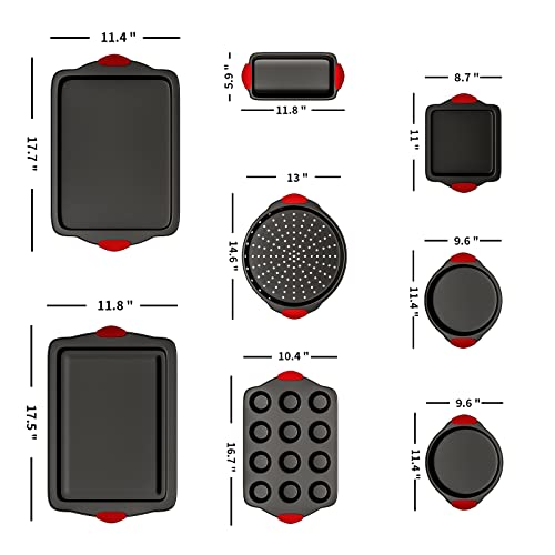 Baking Pan 8 Piece Set Nonstick Carbon Steel Oven Bakeware Kitchen Set With Silicone Handles, Cookie Sheet, 2 Round Cake Pans, Square Pan, Loaf Pan, Deep Dish Pan, Pizza Crisper, Muffin Pan By Perlli #TOP4