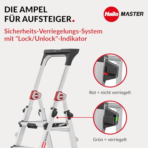 Hailo Master TL100 Topline 3-in-1 Alu Teleskopleiter - Flexible Arbeitshöhe 3-5 Stufen belastbar bis 150 kg - 2,65-3,09 m Arbeitshöhe einstellbar - extragroße Plattform - Leiter ausziehbar - Aluleiter