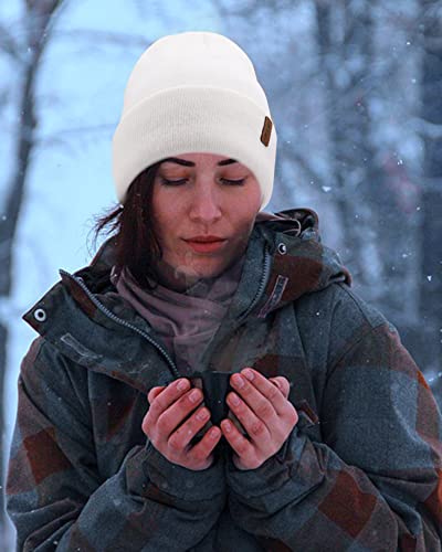 Foto von Bequemer Laden Damen Herren Winter Warm Beanie Müte Strickmütze Slouchy Wintermütze Cuffed Skull Cap mit Fleece Gefüttert, Weiß, Einheitsgröße