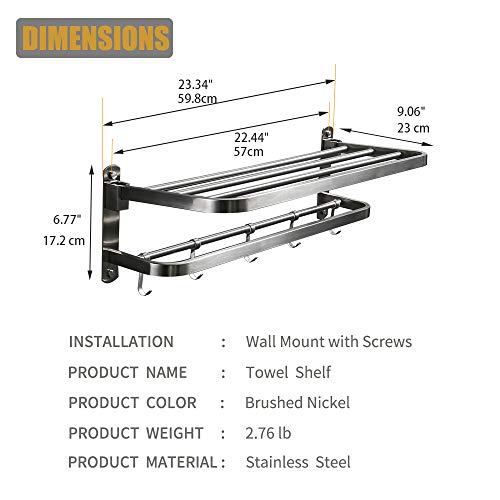 Besy Premium Sus 304 Stainless Steel Towel Racks For Bathroom, Foldable Bathroom Shelf With Towel Bar Rod Hooks, Multifunction Double Towel Bars Hotel Style, Screw Wall Mount, Brushed Nickel, 22 Inch #TOP4