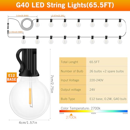 Outdoor String Lights 65ft LED Garden Festoon Light Mains Powered Dimmable Timer Waterproof G40 Bulbs Hanging Patio Lighting with Remote Control for Outside Gazebo Pergola Balcony Cafe - Image 4
