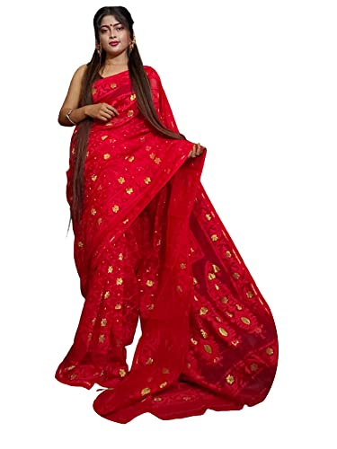 Sari bengalí de algodón Jamdani indio rojo de 5.5 metros tejido tradicional Dhaka