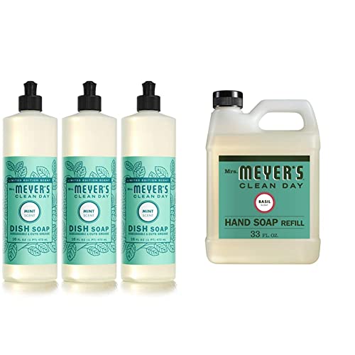 Mrs. Meyer's Liquid Dish Soap, Biodegradable Formula, Limited Edition Mint, 16 Fl. Oz - Pack Of 3 & Mrs. Meyer's Hand Soap Refill, Made With Essential Oils, Biodegradable Formula, Basil, 33 Fl. Oz #TOP9