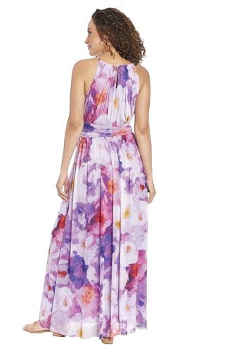 Image of London Times Women's London Times Mesh Halter Maxi Dress with Ruched Waistband Flowy Bohemian Beach Dresses
