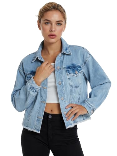 YUZIBAO Denim Jacket for Women - Shacket with Button Front, Oversized Fit, Long Sleeves, Pockets & Frayed Hem2
