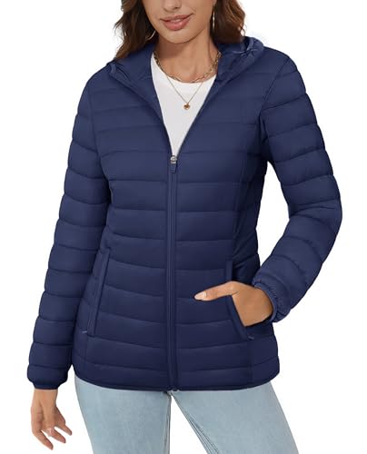 MAGCOMSEN Women Ultra-light Puffer Jacket with 4 Pockets Short Hooded Down Water-resistant Jacket Winter Warm Coat, Navy Blue XL