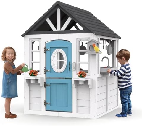 Kids Playhouse Outdoor,Cedar Wooden Play House for Kids Ages 3-6,with Dutch Door, Play Kitchen, Interactive Doorbell, Sink, Flowerpot, Birdcage