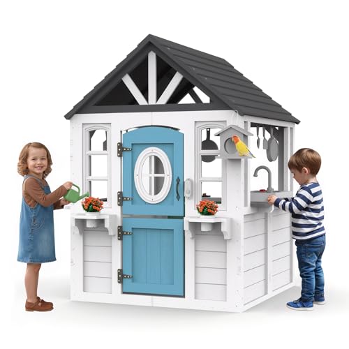 BTMWAY Kids Playhouse Outdoor Cedar Wooden Play House for Kids Ages 3-6 with Dutch Door Play Kitchen Interactive Doorbell Sink Flowerpot Birdcage