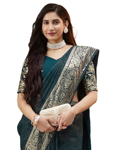 Image of SIRIL Women's Georgette Foil Printed Saree with Unstitched Blouse Piece