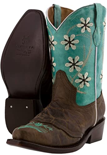 Veretta Boots - Girl's Turquoise & Brown Floral Embroidered Cowgirl Boots Snip 9 Toddler #TOP1