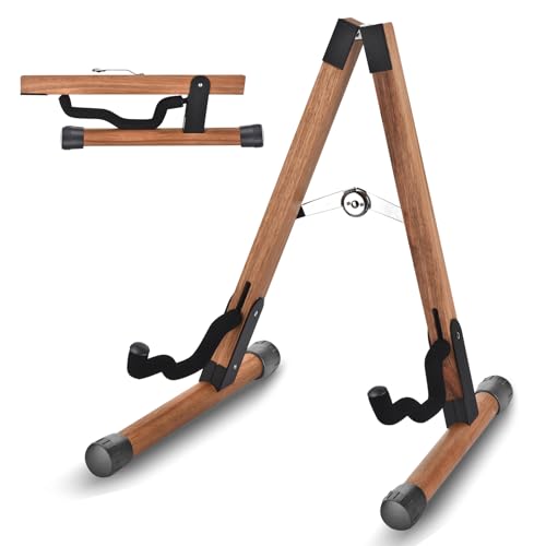 Gitarrenständer, Holz Gitarrenständer für Akustikgitarre, E-Gitarre und Bass, Klappbarer A-Rahmen Guitar Stand mit Rutschfestem Gummi und Weichen Schaumstoffarmen, Einfach zu Montieren