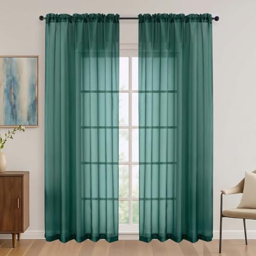 Image of Hunter Green Sheer Curtains 84 Inches Long 2 Panels Set, Light Filtering Sheer Curtains for Living Room Bedroom 59 Inch Extra Wide, Modern Voile Filmy Rod Pocket Window Drapes, 59Wx84L Inches