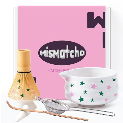 mismatcha Matcha Whisk Set with Stars - 6 Piece Ceramic Matcha Set with a Bowl, Whisk, Stand, Spoon and Sifter - Designed in the UK - Gift Set