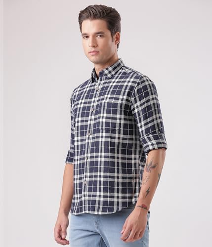 Image of TURMS Men's Casual Checks Shirts, Odor Control, Moisture Wicking, Button Down Collar, Cool Tech Cotton Fabric, Tailored Fit, Full Sleeve