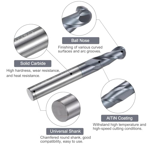 Image of uxcell Ball Nose End Mill CNC Router Bit, 5 /32 inch Radius 5 /16 inch Shank Solid Carbide AlTiN Coated Upcut Spiral 2 Flutes Cutter Milling Tool, 5 /16 inch Dia 2-1 /2 inch Total Length