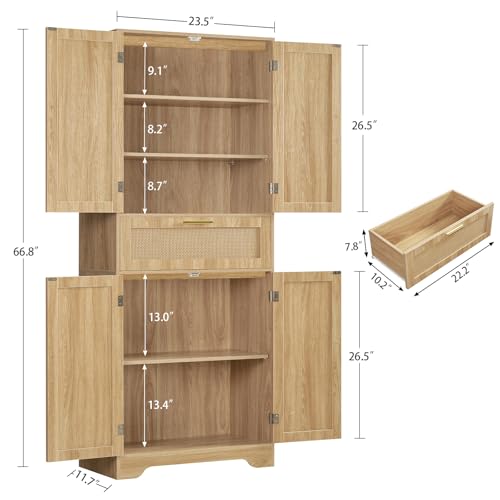 Iwell Tall Storage Cabinet with 2 Adjustable Shelves & Large Drawer, Rattan Cabinet with 4 Doors, Pantry Cabinets for Dining Room, Living Room, Home Office, Natural