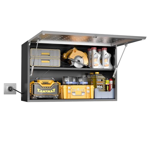 Metal Garage Storage Cabinet with Locking, Wall Mounted Tool Cabinets with Door and Shelf, Floating Steel Storage Cabinets, Small Kitchen Wall Cabinet, Flip Up Wall Locker Cabinet, Assembly Required