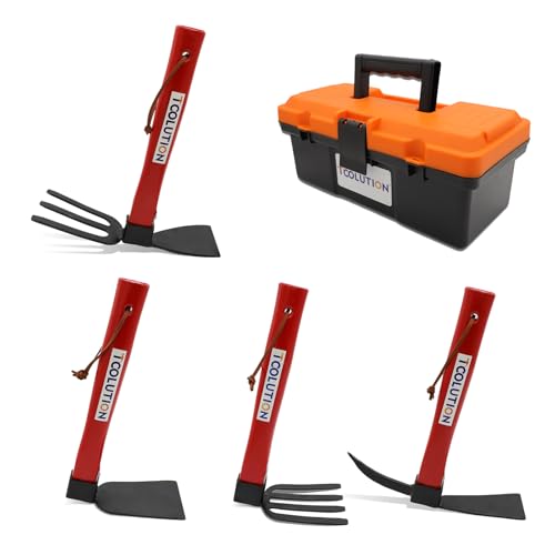 TOOLUTION Garden Tool Set with Tool Box 4 Piece Heavy Duty Gardening Tools Kit with Hoe Rake Shovel Fork Non Slip Handle Garden Hand Tools for Digging Weeding Planting