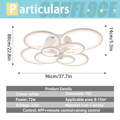 Plafonnier LED dimmable blanc de 96 cm avec télécommande et application pour salon