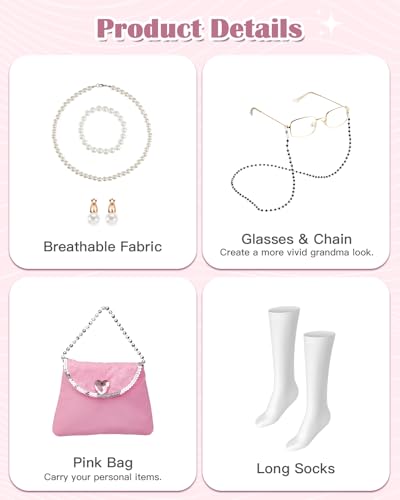 Gleamkid Old Lady Costume for Kids: 100 Days of School Costume for Girls 100th Day of School Granny Dress up Accessories with Wig, Glasses Wrinkle Tattoo Stickers, Cane, Jewelries, Grandma Cosplay Kit — view 6