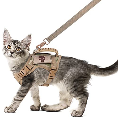 Salfse Tactical Cat Harness And Leash Set For Walking Escape Proof, Adjustable Large Cat Vest Harness With Molle Patches, Soft Mesh Padding, Rubber Handle Easy To Control (Large, Beige) #TOP7
