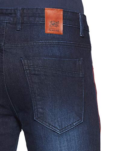 Image of CAHOOT Men's Classic Blue Dark-Washed Distressed Side Striped Regular Fit Denim Jeans | Mid-Rise Stretchable Cotton Denim Jeans Crafted with Comfort Fit & High Performance for Everyday Wear