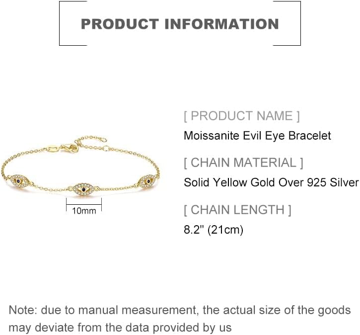Solid 14K Gold Over 925 Silver Moissanite Evil Eye Bracelet for Women,Luxury Triple Blue Evil Eye Adjustable Chain Bracelet,Fashion Christmas Jewelry Gift for Her - Image 3