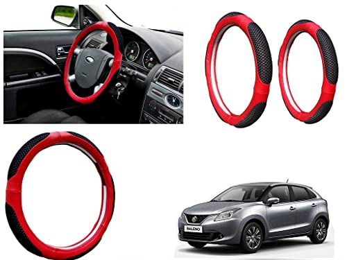 Image of Microfiber Car Steering Wheel Cover, Soft Padding Great Hand Feel, Anti-Slip, Faux Leather Steering Cover for Maruti Suzuki Baleno New | Black Red Jali - Pack of 1