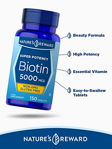 Nature's Reward Biotin 5000Mcg - 150 Tablets - Vegetarian, Non-Gmo & Gluten Free Supplement #TOP2